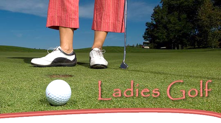 Ladies Golf headline on image of woman ready to putt ball into hole